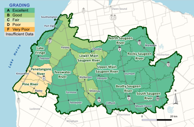 Lake Fringe, Teeswater, Upper Main Saugeen, North Saugeen, Rocky Saugeen, Beatty Saugeen, South Saugeen all received Excellent grades.  Lower Main Saugeen received Good grading.  Penetangore and Pine River watersheds received Poor grades.