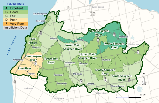 Grades range from A (excellent) to D (poor), with mostly B (good) and C (fair).  North Saugeen and Rocky Saugeen received A grades.  Lake Fringe, Teeswater River, Upper Main Saugeen, Beatty Saugeen received Good grades.  Lower Main Saugeen and South Saugeen received Fair grades.  The Penetangore and Pine River watersheds received Poor grades.